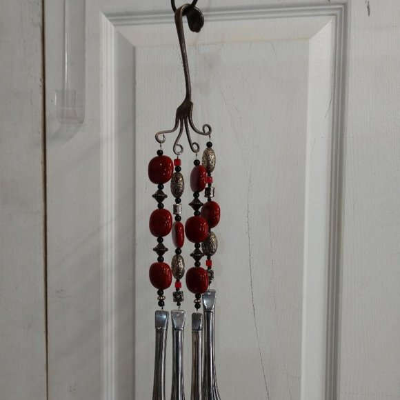 Red/Silver/Black Beads Upcycled Recycled Silverware Windchime-handmade - Picture 2 of 8
